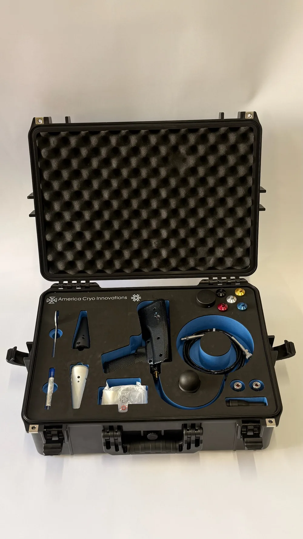 The full XR ISO kit laid out in its travel case: applicator, probes and lines